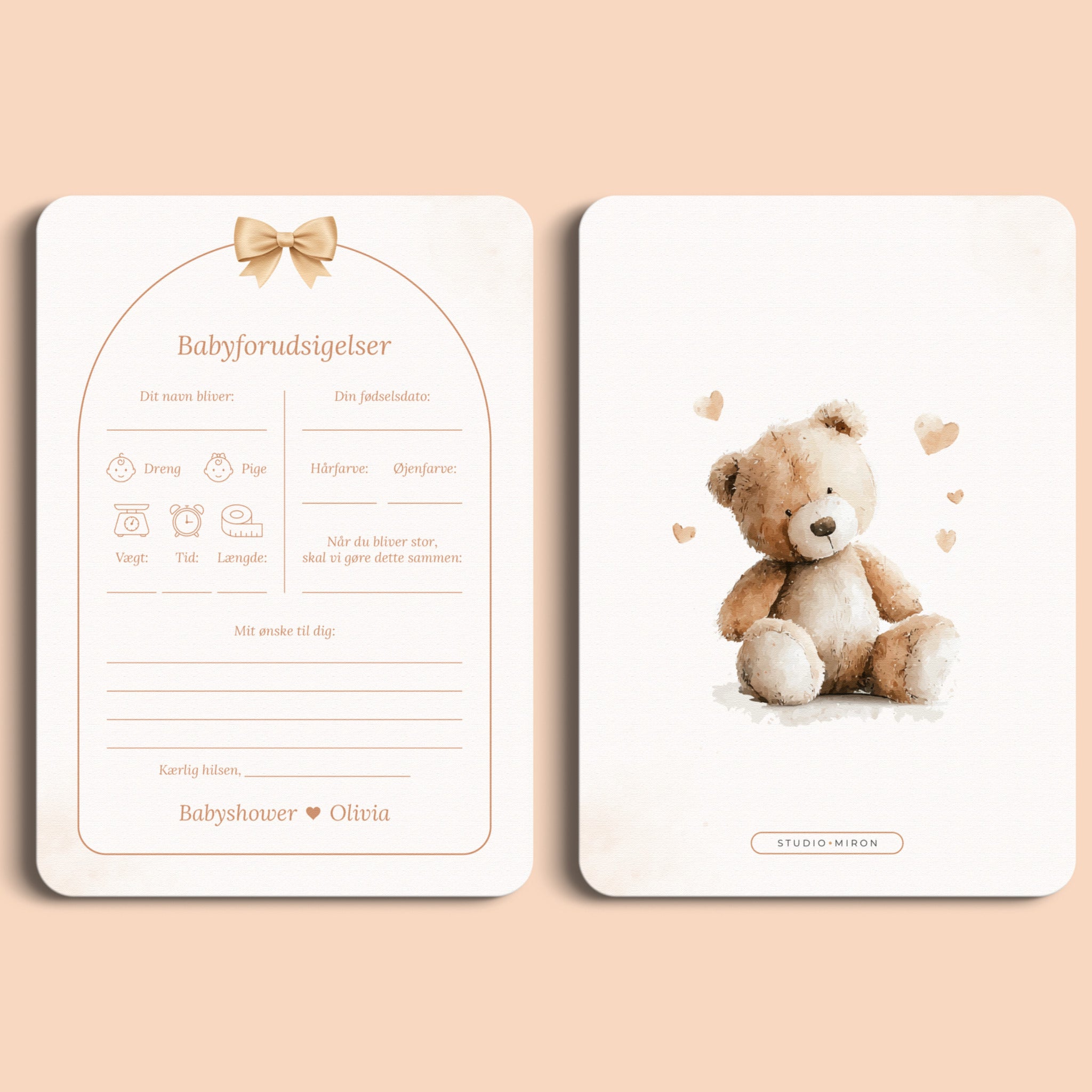 [da] Babyshower-udfyldningskort Babyforudsigelser i Boho beige med bamse, for- og bagside – Studio Miron