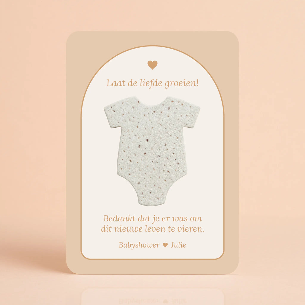 Babyshower cadeau en bedankje met zaadpapier hart Boho hart – gepersonaliseerd kaartje met romper van zaadpapier, Studio Miron