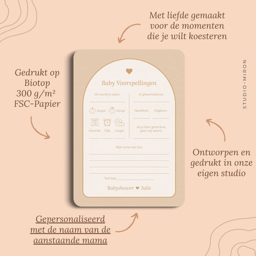 Babyshower invulkaarten Baby Voorspelling in Boho Zand Beer stijl, pluspunten – Studio Miron