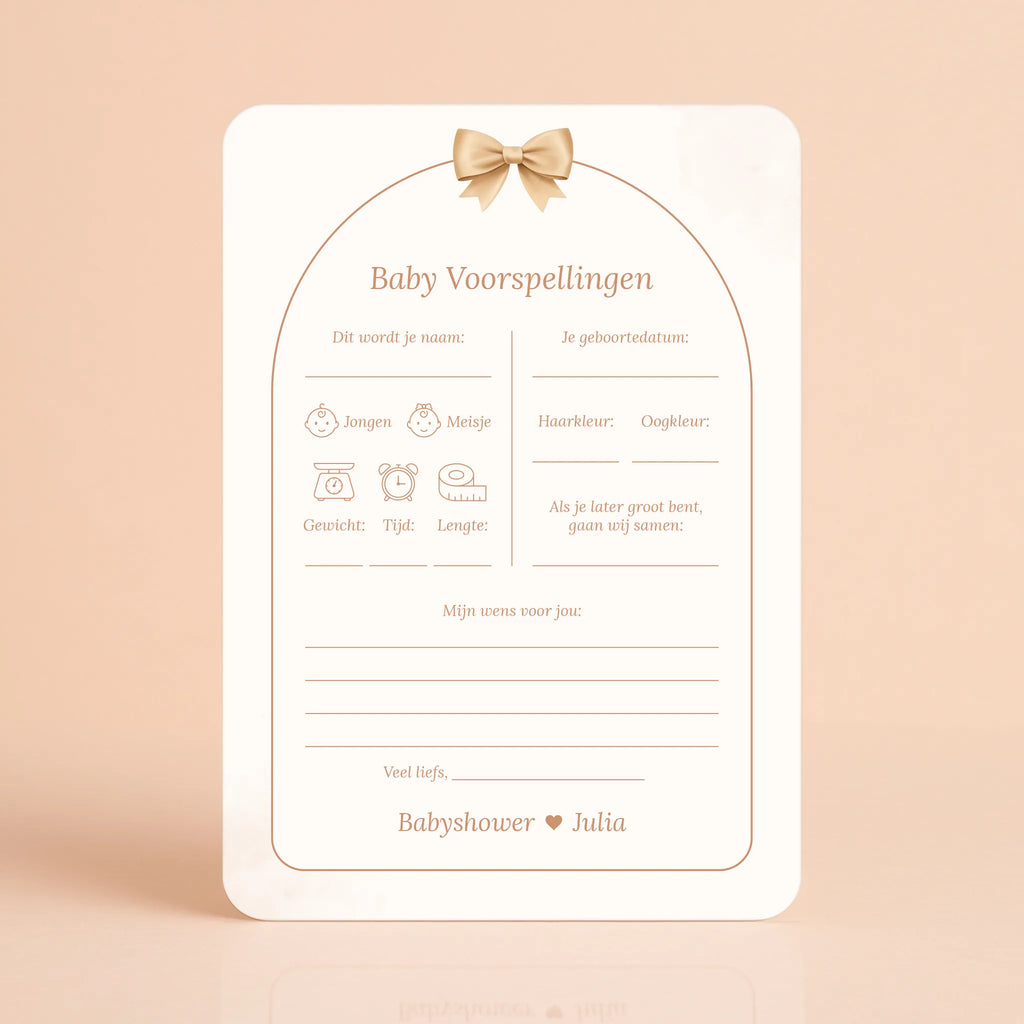 Babyshower invulkaart Baby Voorspellingen in Boho Beige met Beertje stijl, gepersonaliseerd met naam – Studio Miron