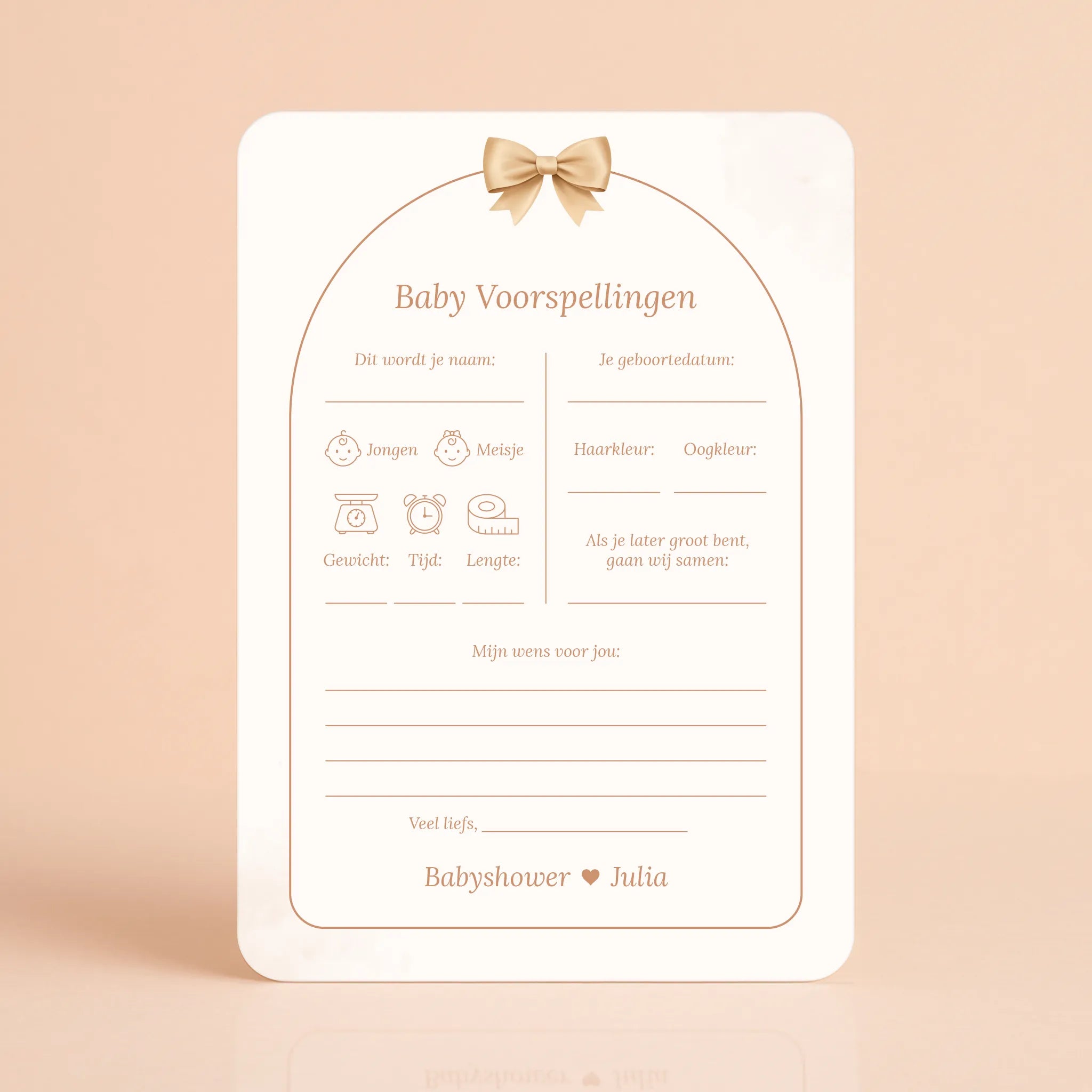 Babyshower invulkaart Baby Voorspellingen in Boho Beige met Beertje stijl, gepersonaliseerd met naam – Studio Miron