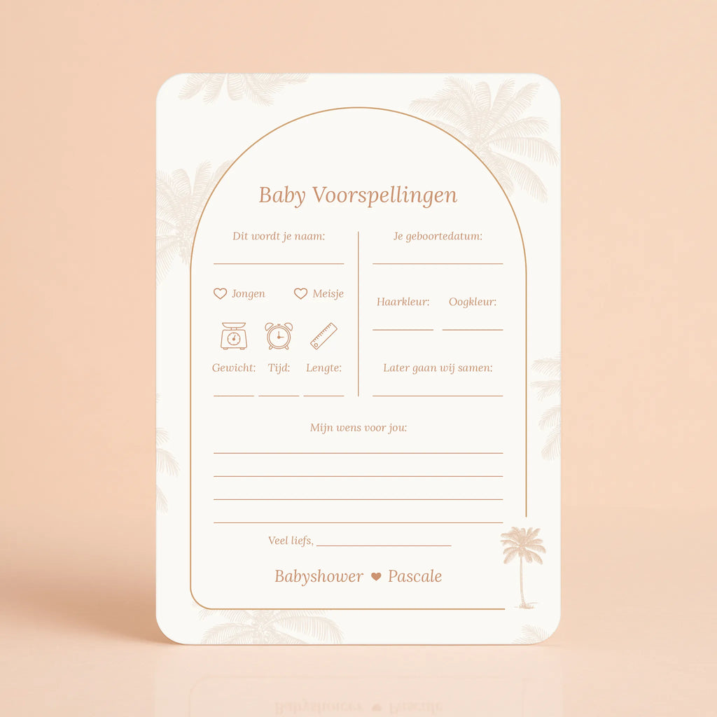 Babyshower invulkaart Baby Voorspellingen in Palmbomen stijl, gepersonaliseerd met naam – Studio Miron