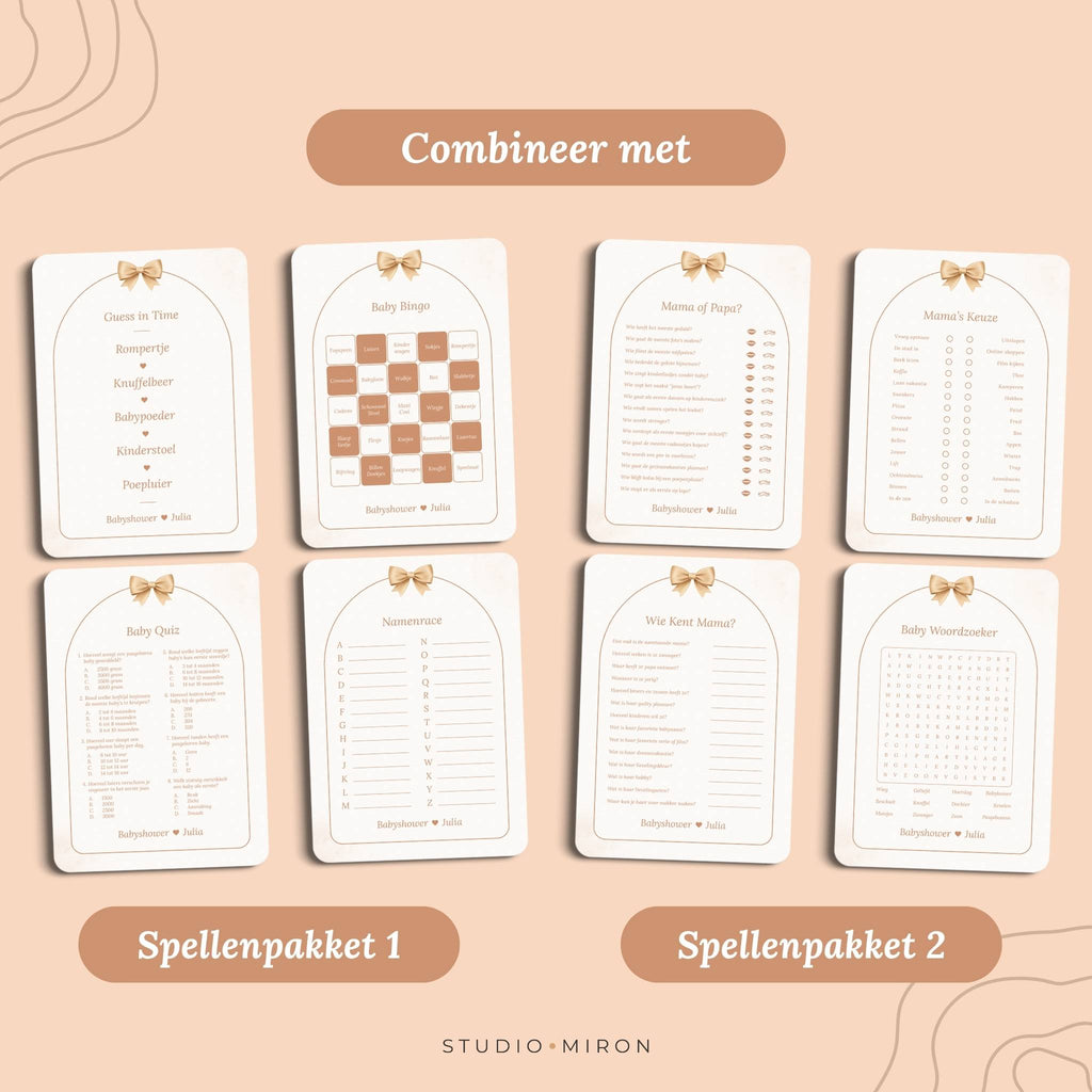 Babyshower invulkaarten combineren met Spellenpakket 1 en 2 in Boho Beige Beer stijl van Studio Miron