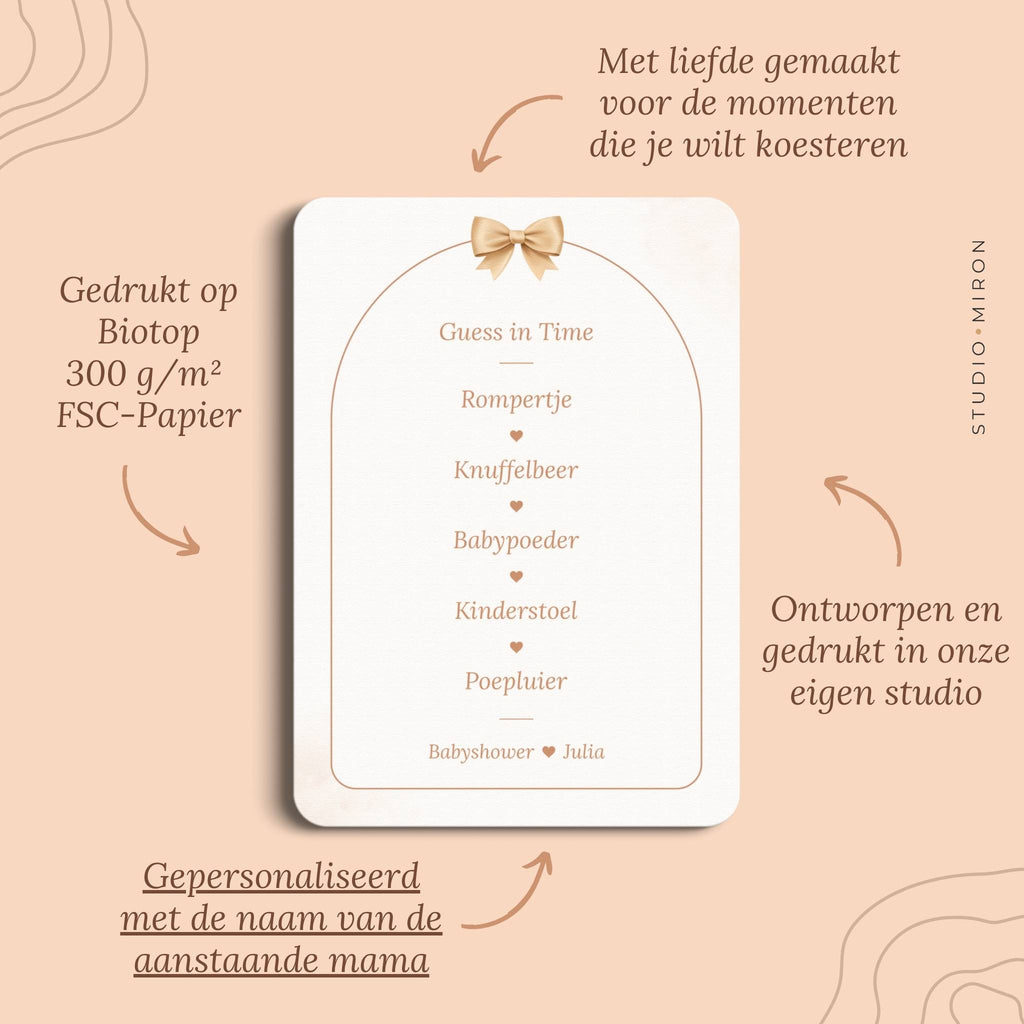 Pluspunten van de babyshower invulkaart Guess in Time in Boho Beige Beer stijl van Studio Miron