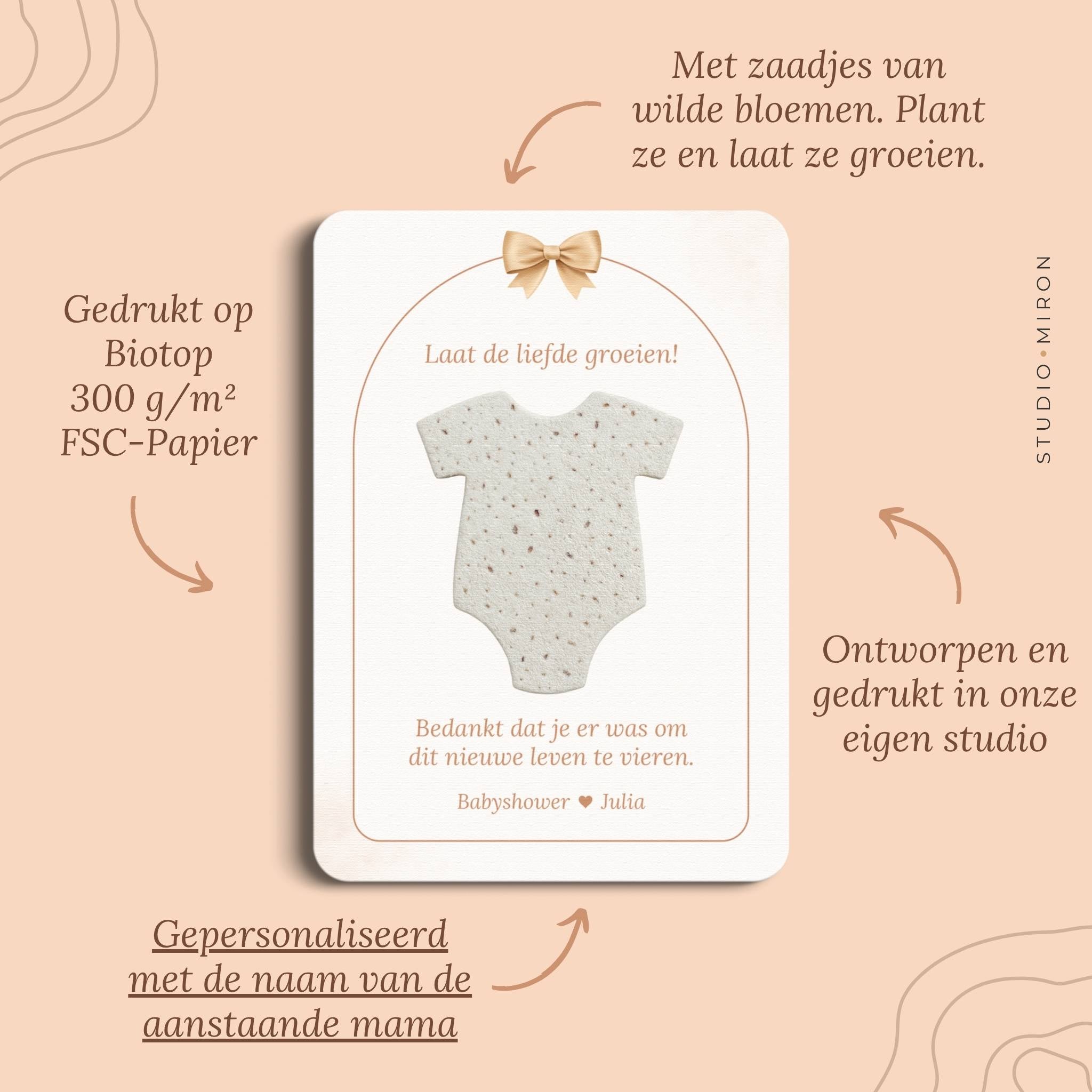 Pluspunten van de babyshower kaart Laat de liefde groeien in Boho Beige Beer stijl van Studio Miron