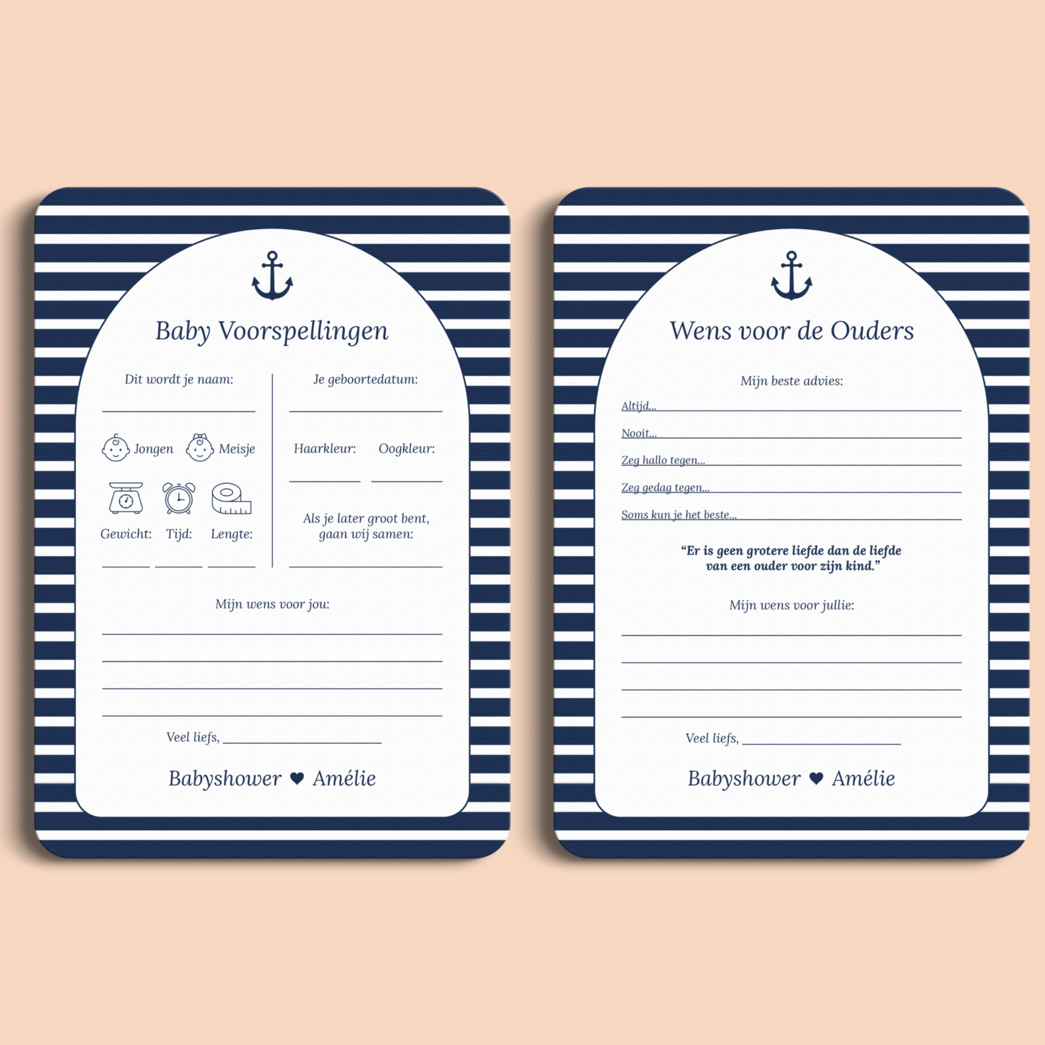 Babyshower invulkaarten Pakket in Navy Blue stijl, voor- en achterkant – Studio Miron