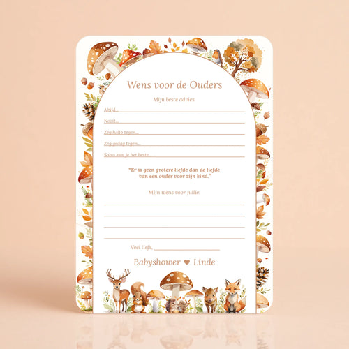 Babyshower invulkaart Wensen voor de Ouders in Bosdieren stijl, gepersonaliseerd met naam – Studio Miron