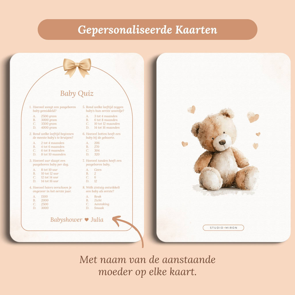 Babyshower spelletjes baby quiz boho beige beertje gepersonaliseerd voor en achter Studio Miron