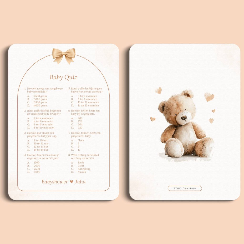 Babyshower spelletjes baby quiz boho beige beertje voor en achter Studio Miron