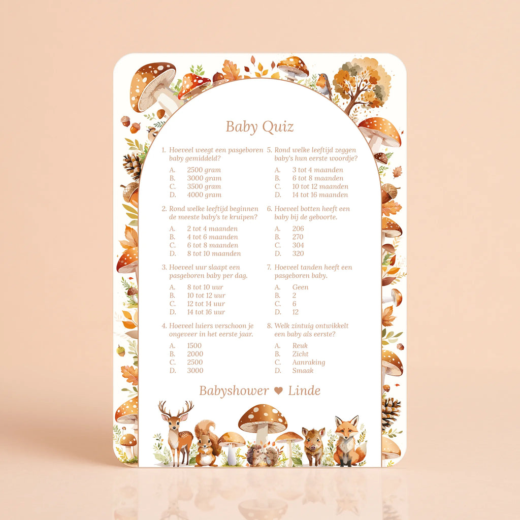 Babyshower spelkaart Baby Quiz in Bosdieren stijl, gepersonaliseerd met naam – Studio Miron