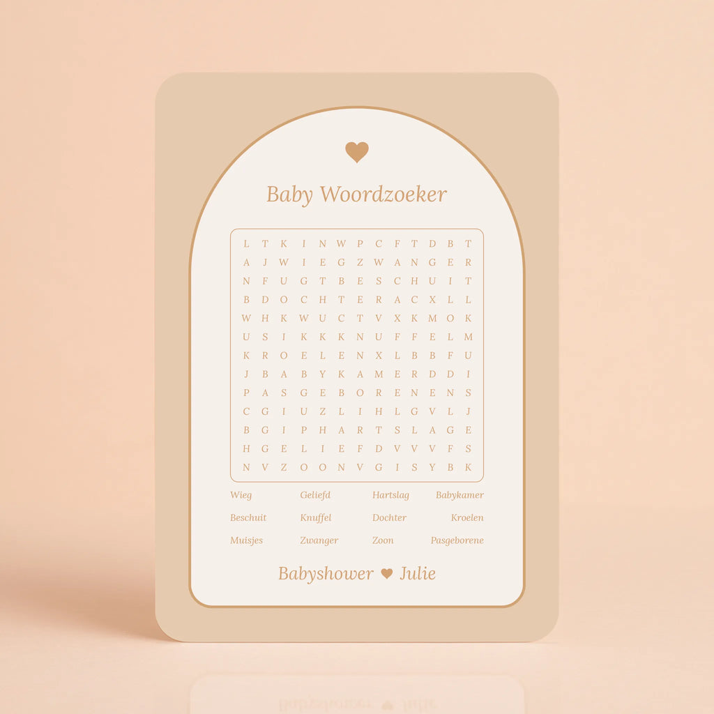 Babyshower spelkaart Baby Woordzoeker in Boho Hartje stijl, gepersonaliseerd met naam – Studio Miron