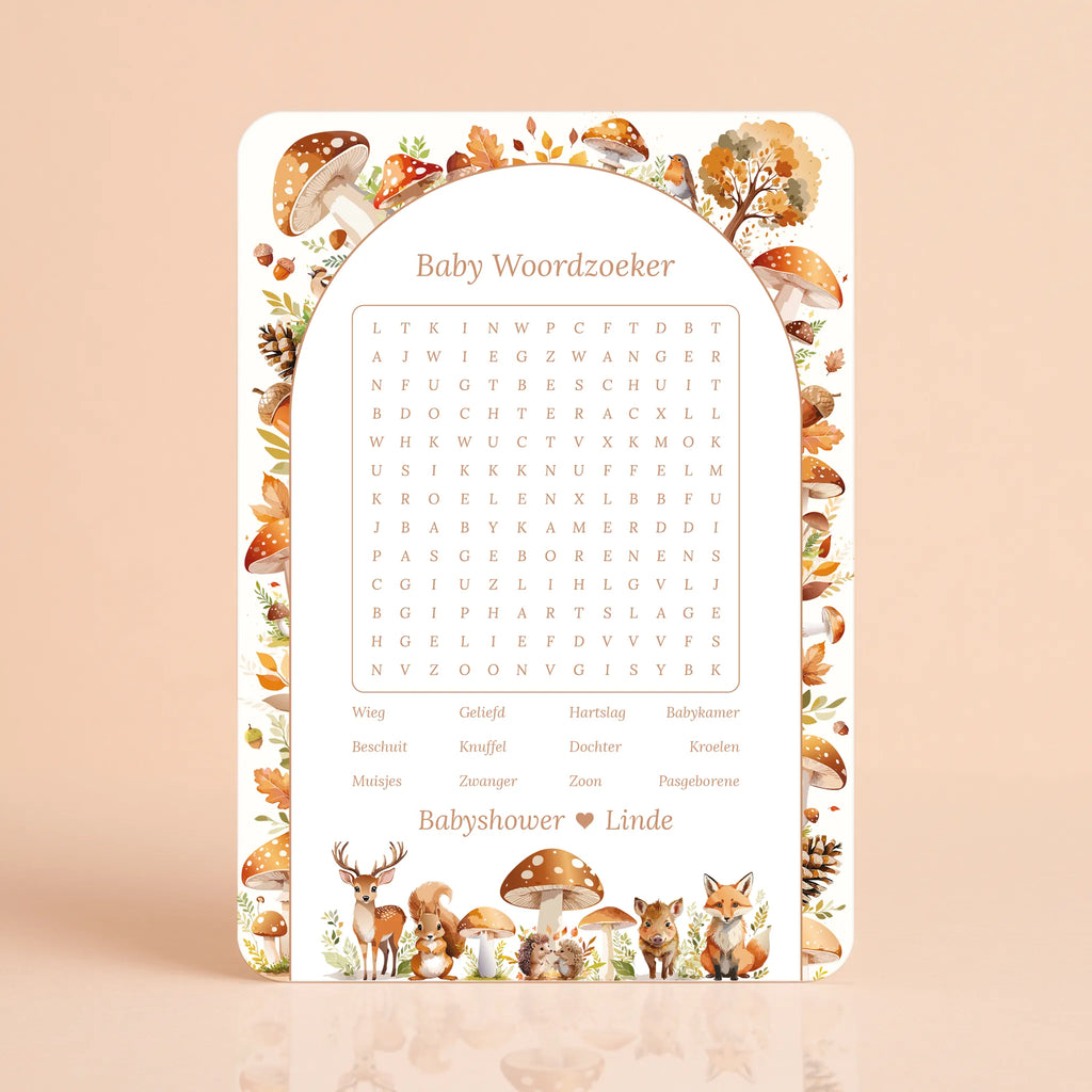 Babyshower spelkaart Baby Woordzoeker in Bosdieren stijl, gepersonaliseerd met naam – Studio Miron