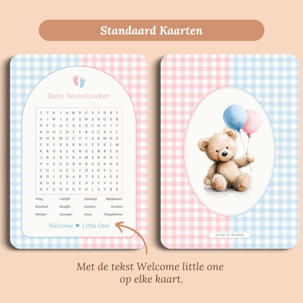 Babyshower spelletjes baby woordzoeker gingham roze blauw standaard voor en achter Studio Miron