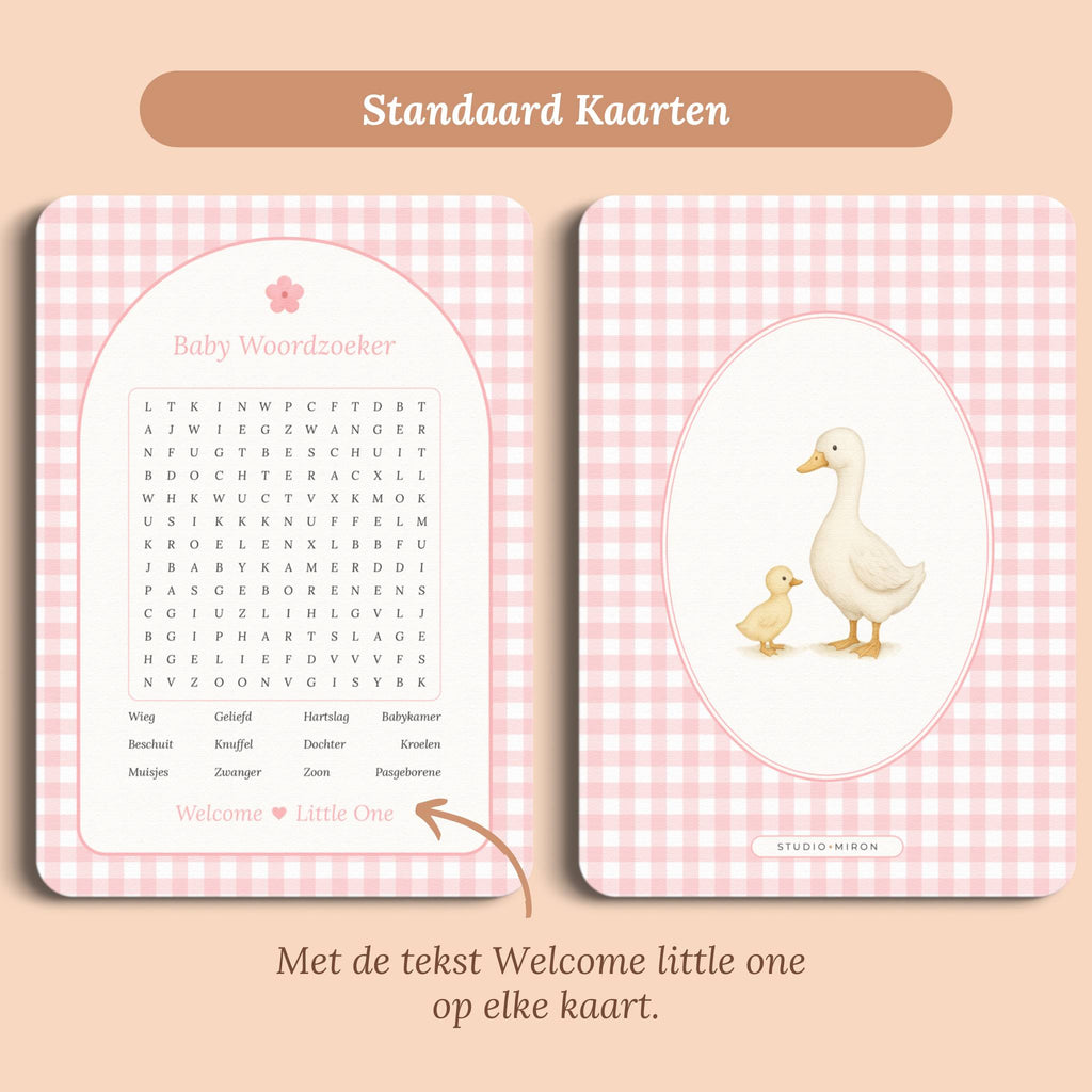 Babyshower spelletjes baby woordzoeker gingham roze standaard voor en achter Studio Miron