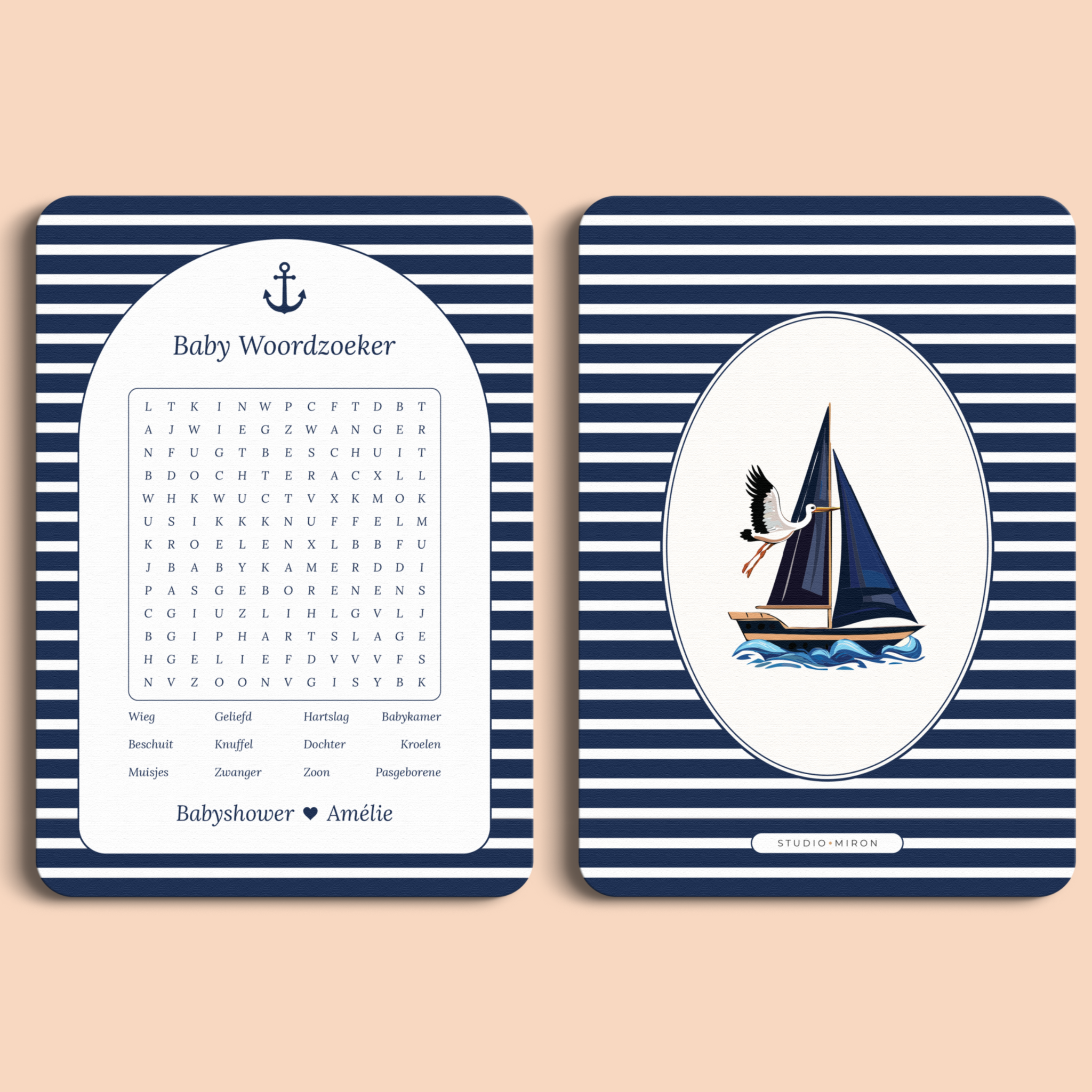 Babyshower spelkaart Baby Woordzoeker in Navy Blue stijl, voor- en achterkant – Studio Miron