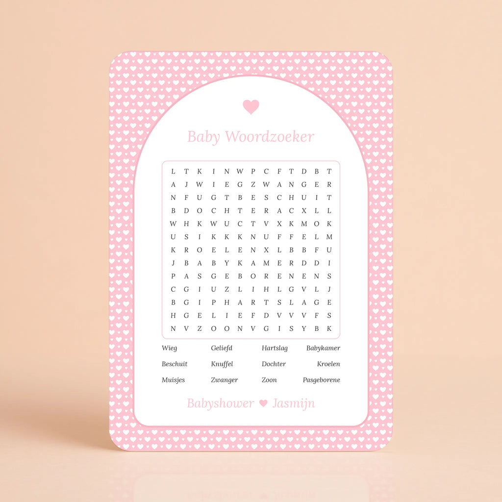 Baby Woordzoeker kaart met witte hartjes op roze achtergrond, gepersonaliseerd met naam – Studio Miron