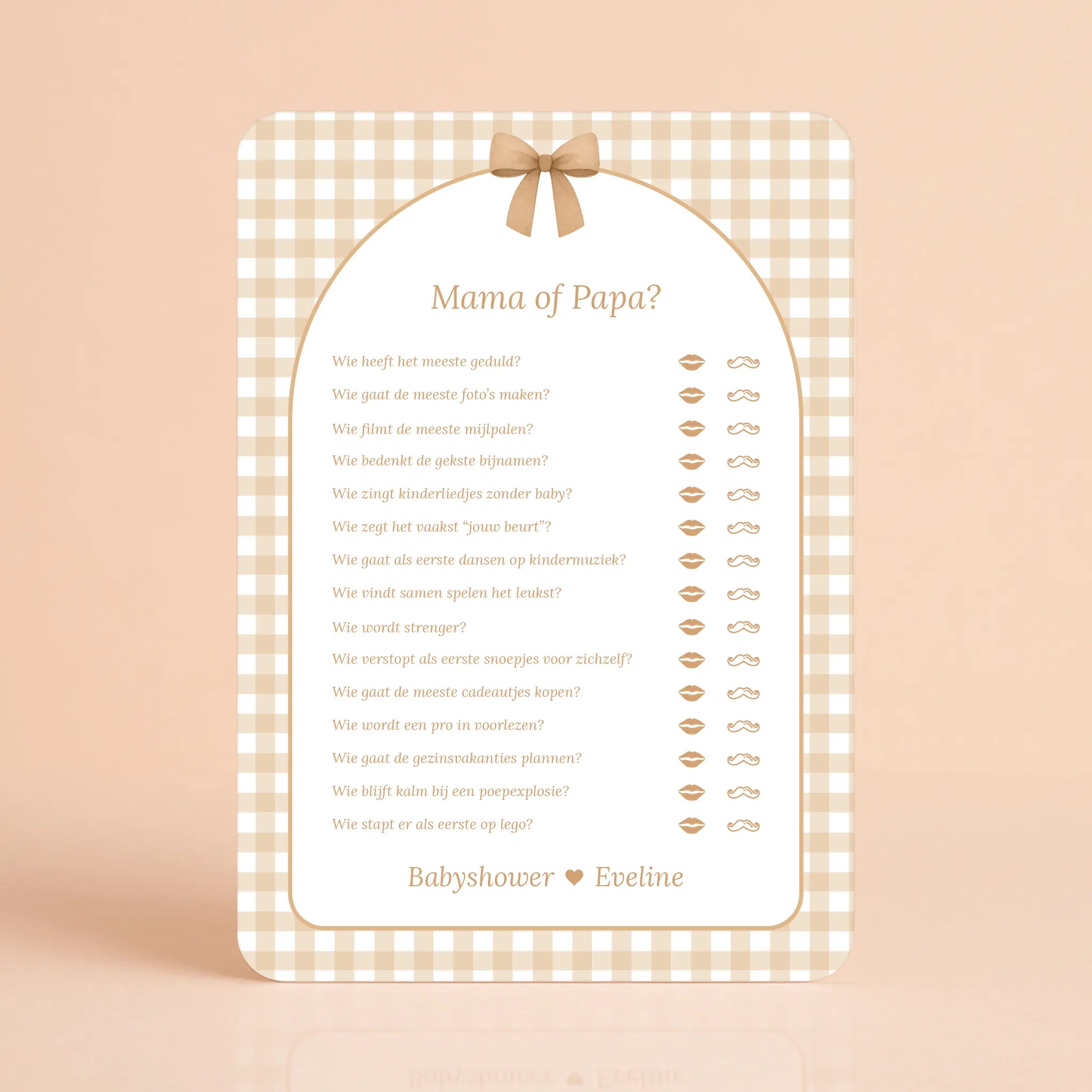 Babyshower spelkaart Mama of Papa in Gingham Bruin stijl, gepersonaliseerd met naam – Studio Miron