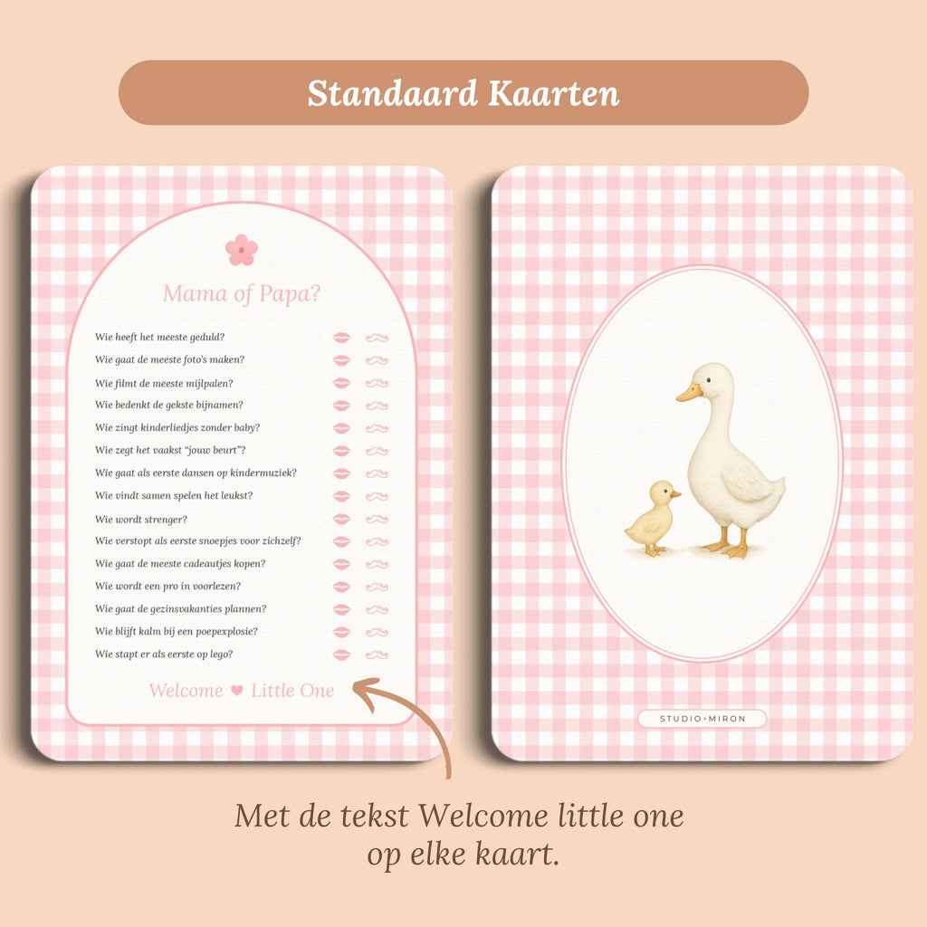 Babyshower spelletjes mama of papa gingham roze standaard voor en achter Studio Miron