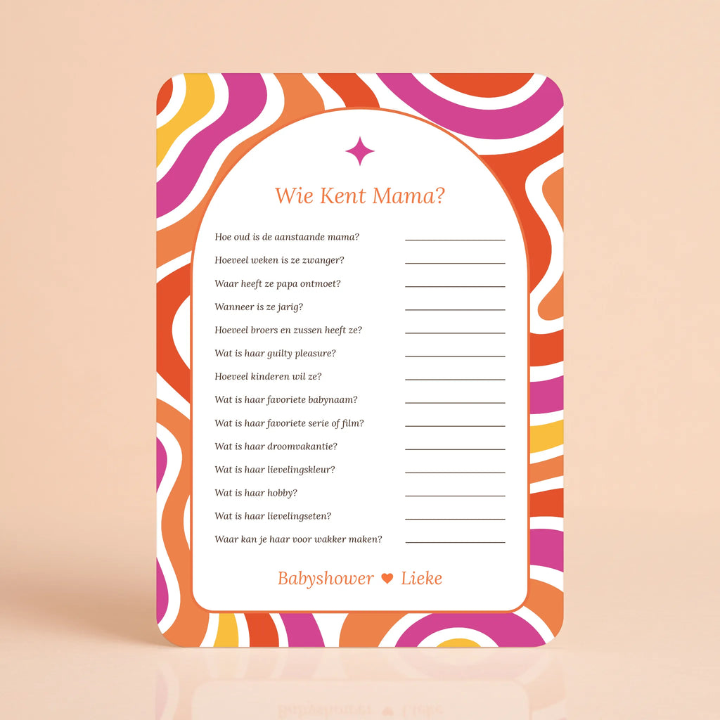 Babyshower spelkaart Wie kent Mama in Flower Power stijl, gepersonaliseerd met naam – Studio Miron