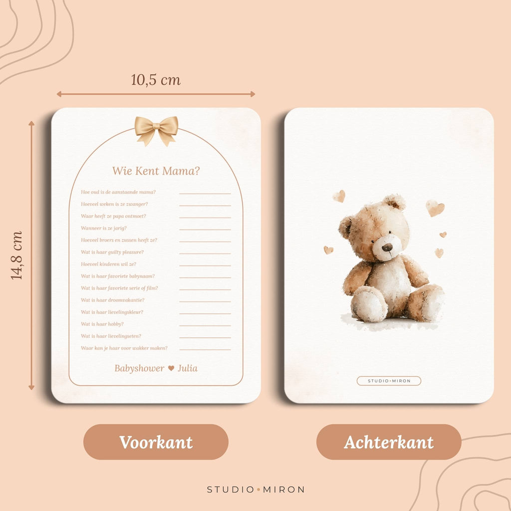 Babyshower spel Wie kent Mama in Boho Beige Beertje stijl, formaat voorkant en achterkant – Studio Miron