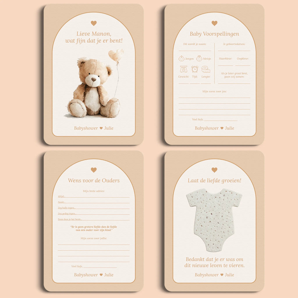 Babyshower Starterspakket in Boho Hart stijl, inclusief invulkaarten, cadeau en welkomstposter gepersonaliseerd met naam – Studio Miron