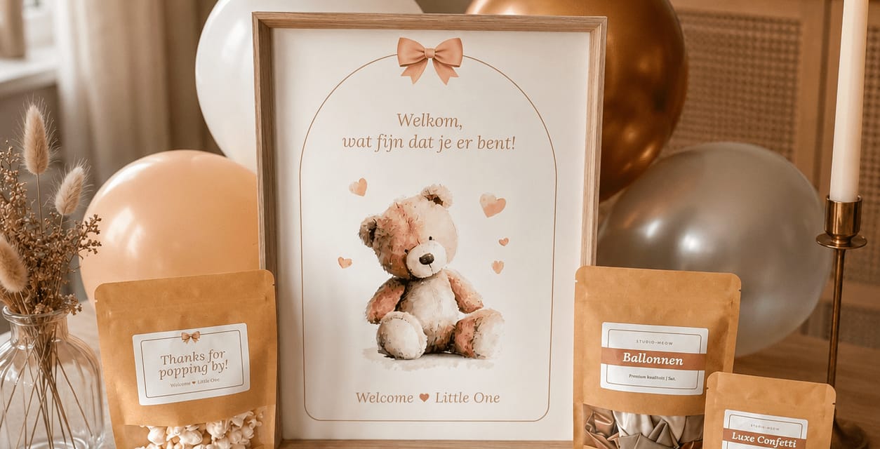 Pacchetto baby shower in stile Boho Orsetto con poster di benvenuto, schede da compilare e decorazioni